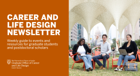 Graduate Career and Life Deisign logo with students smiling and holding up Hook em