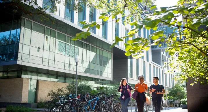 students outside talking