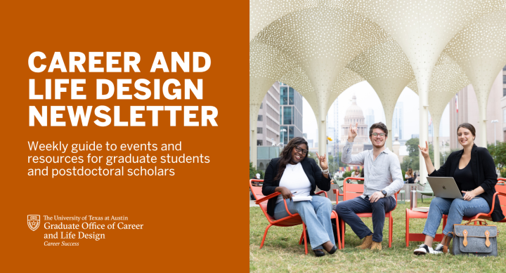 Graduate Career and Life Deisign logo with students smiling and holding up Hook em